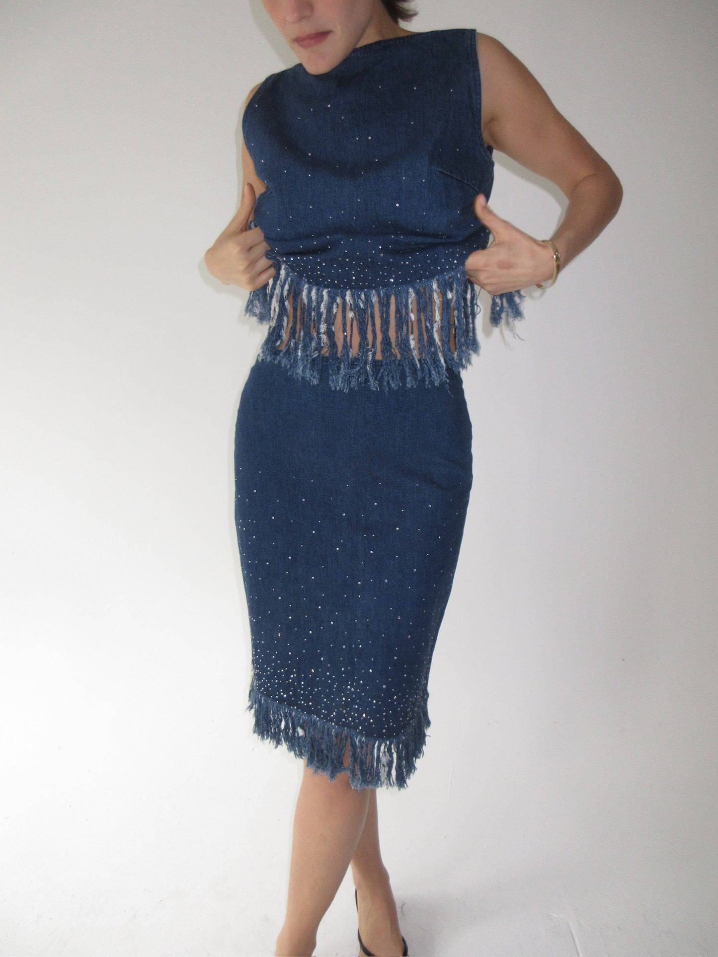 Fendi Denim Fringe and Rhinestone Set
