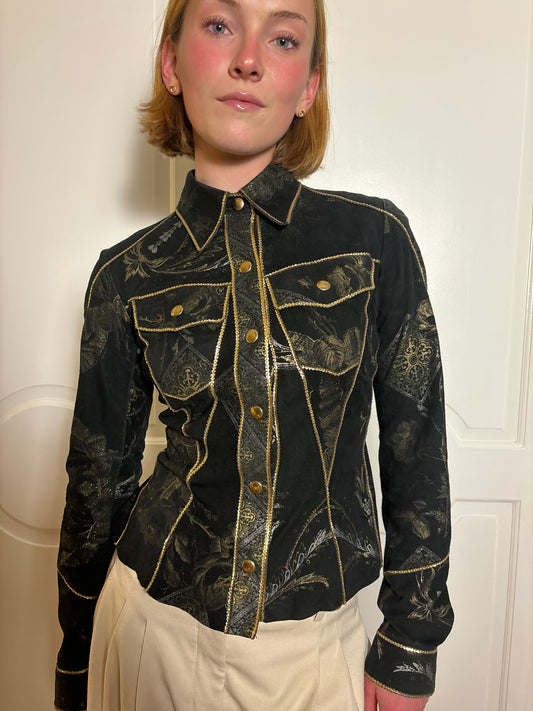 Roberto Cavalli Western Suede Black & Gold Sequin Embroidered Button-Up Shirt