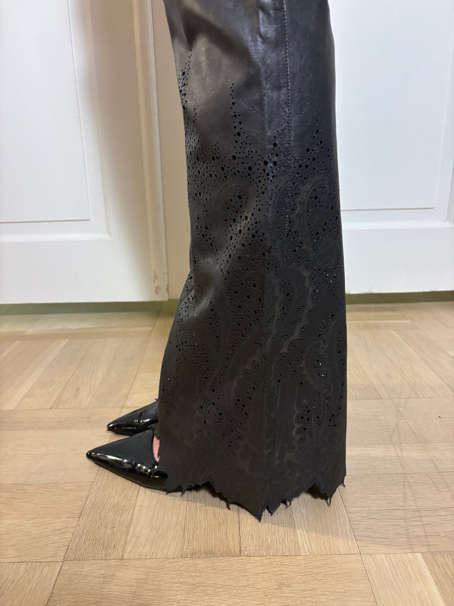 FW 1999 Roberto Cavalli Black Leather Pants with Laser Cut Details