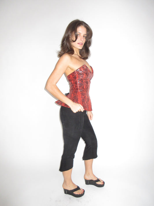 Vintage Leather Snakeskin Print Laced Corset Top