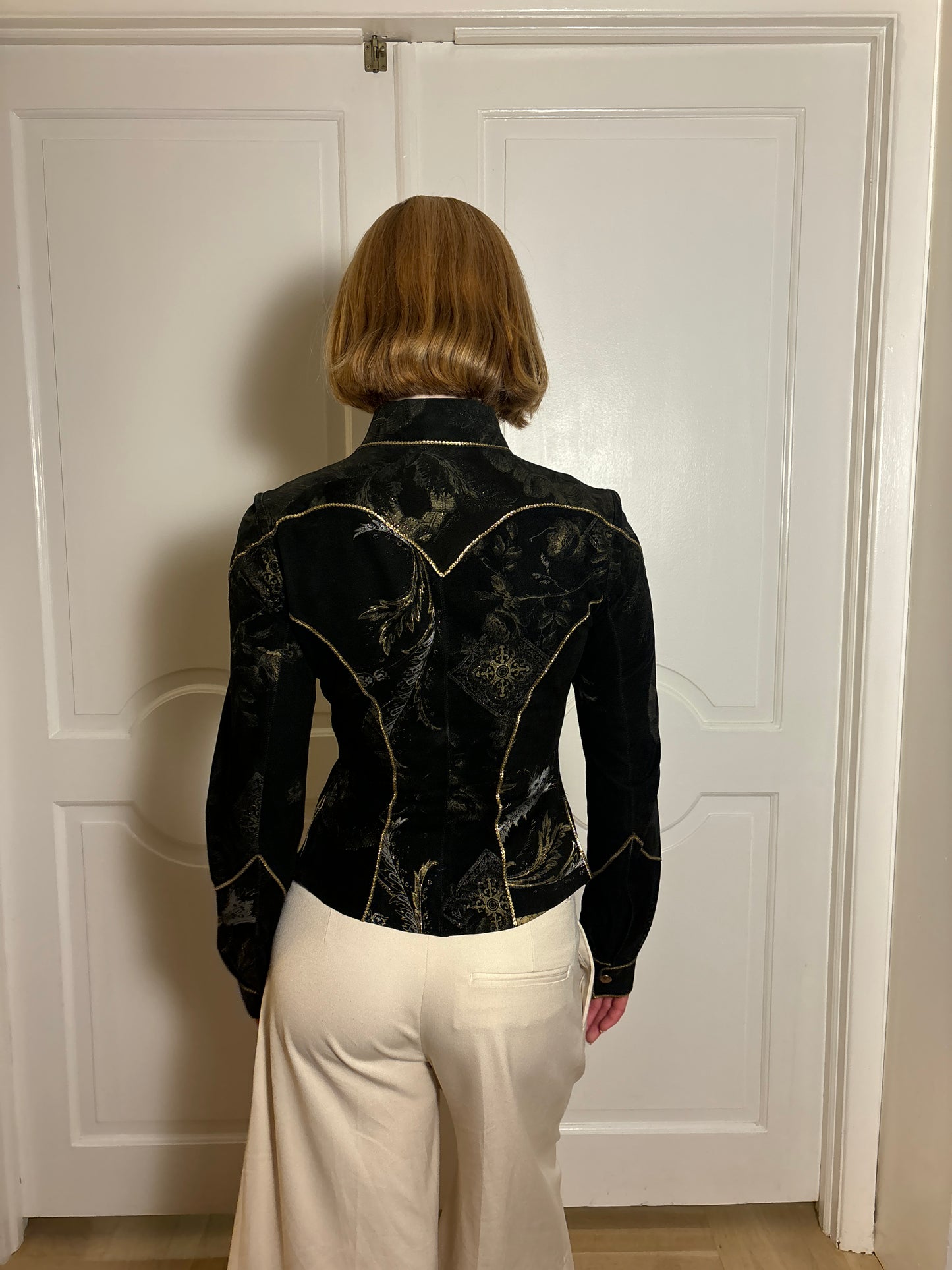 Roberto Cavalli Western Suede Black & Gold Sequin Embroidered Button-Up Shirt