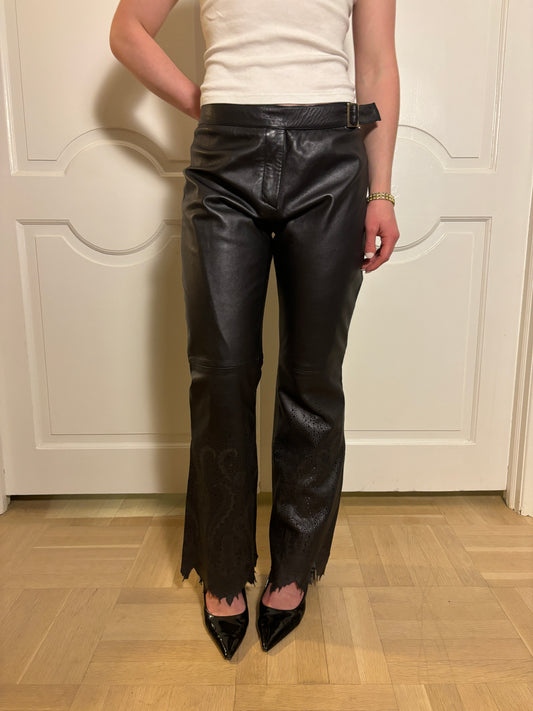 FW 2001 Roberto Cavalli Black Leather Pants with Laser Cut Details