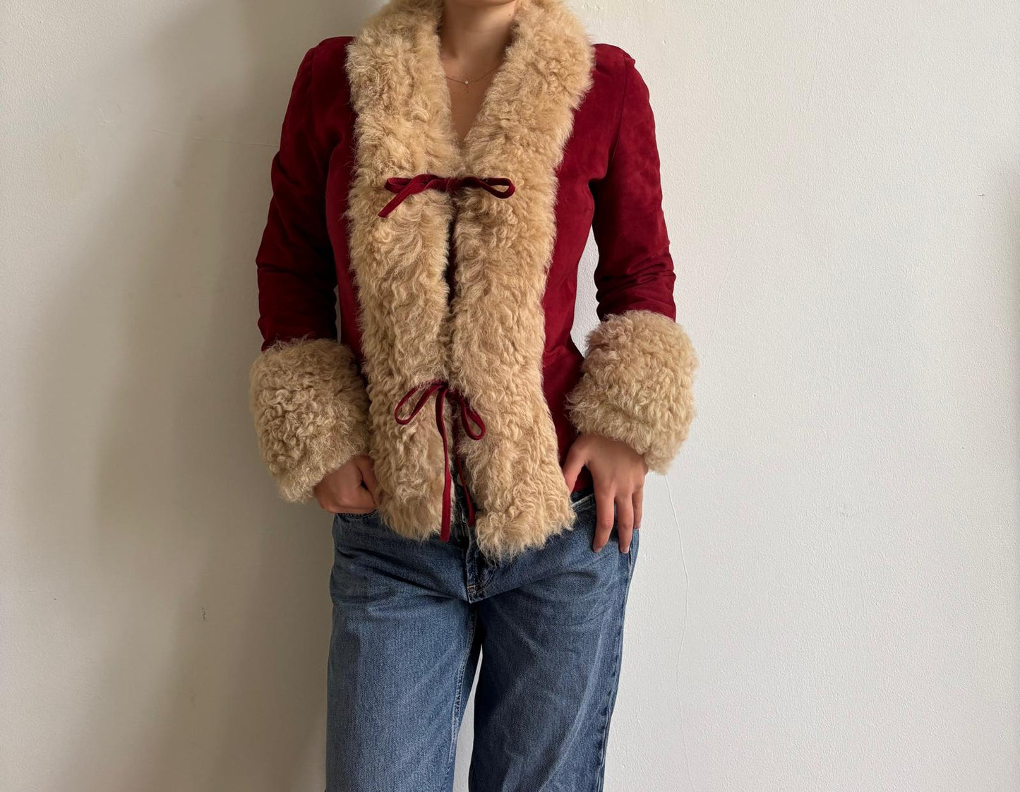 FW2001 Dolce & Gabbana red Shearling coat with tie closures