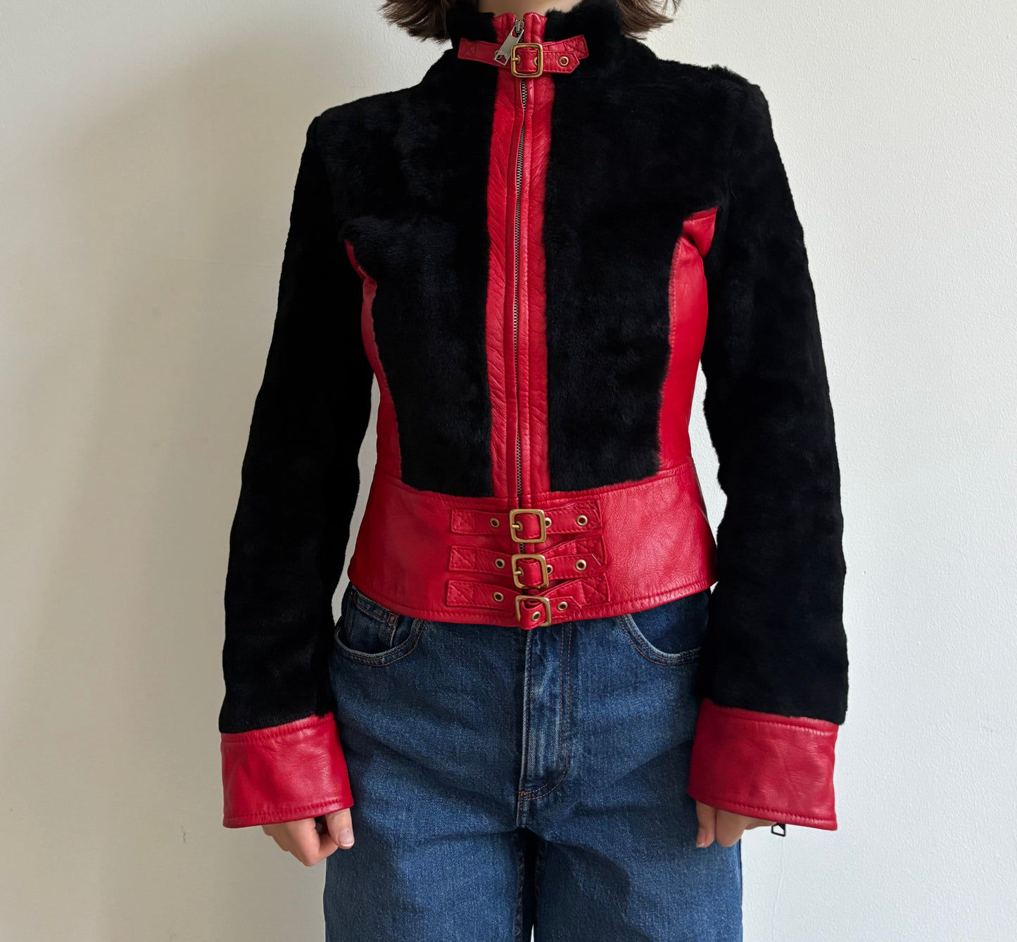Vintage D&G red leather and fur jacket