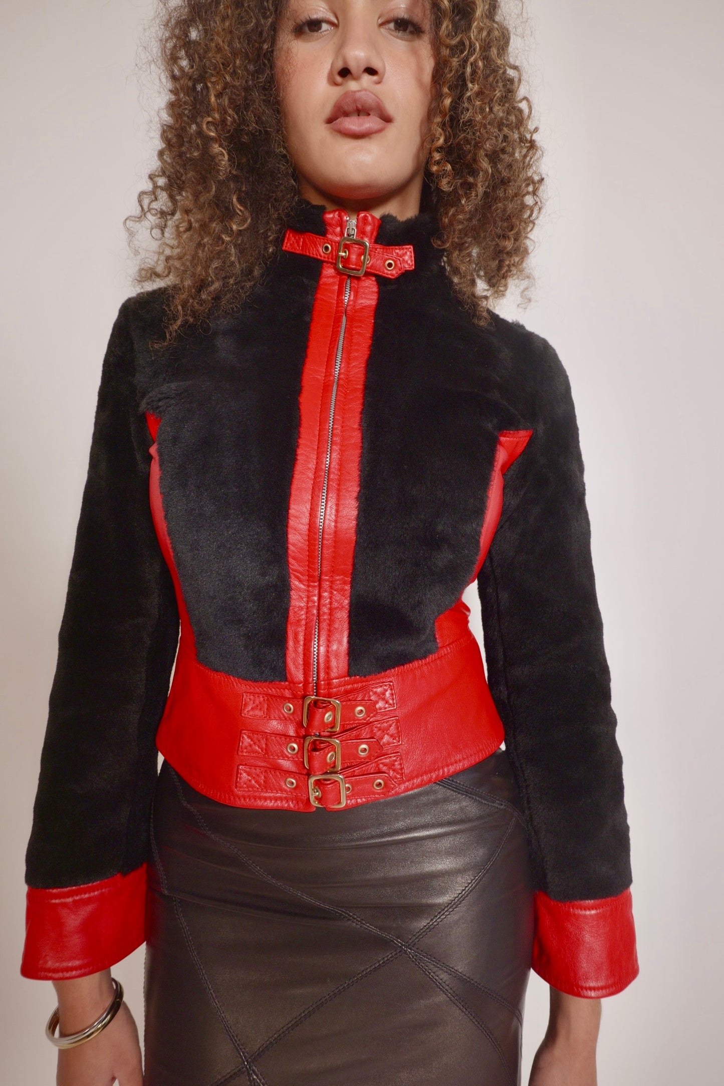 Vintage D&G red leather and fur jacket