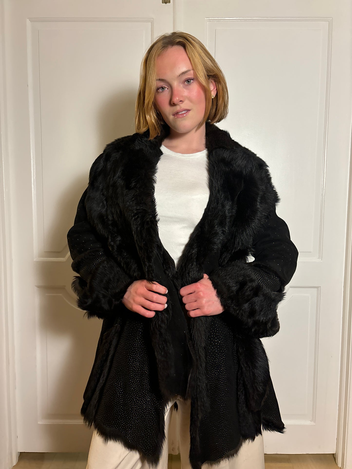 FW 1997 Roberto Cavalli Suede & Fur Coat with Gold Polka Dots