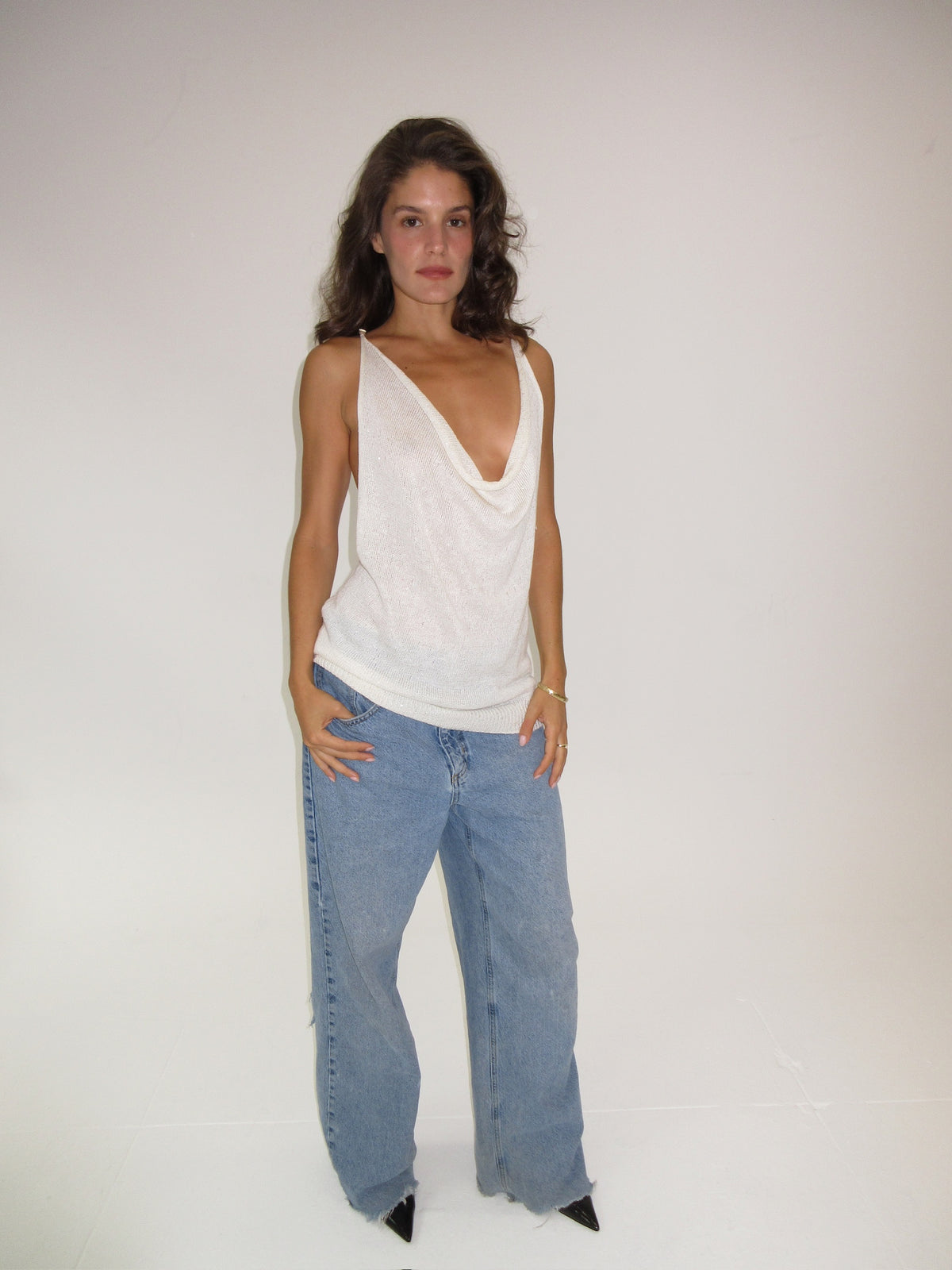 Brunello Cucinelli Knit & Sequin Tank Top with Leather straps