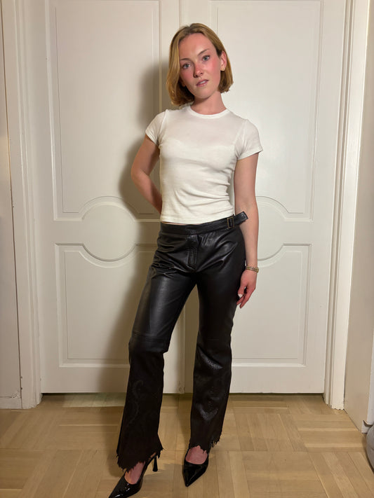 FW 1999 Roberto Cavalli Black Leather Pants with Laser Cut Details