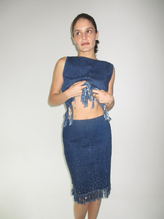 Fendi Denim Fringe and Rhinestone Set