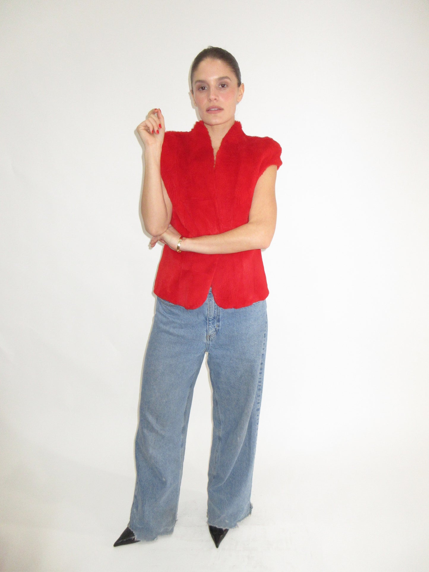 Amaya Arzuaga Red Fur Top with Clasp