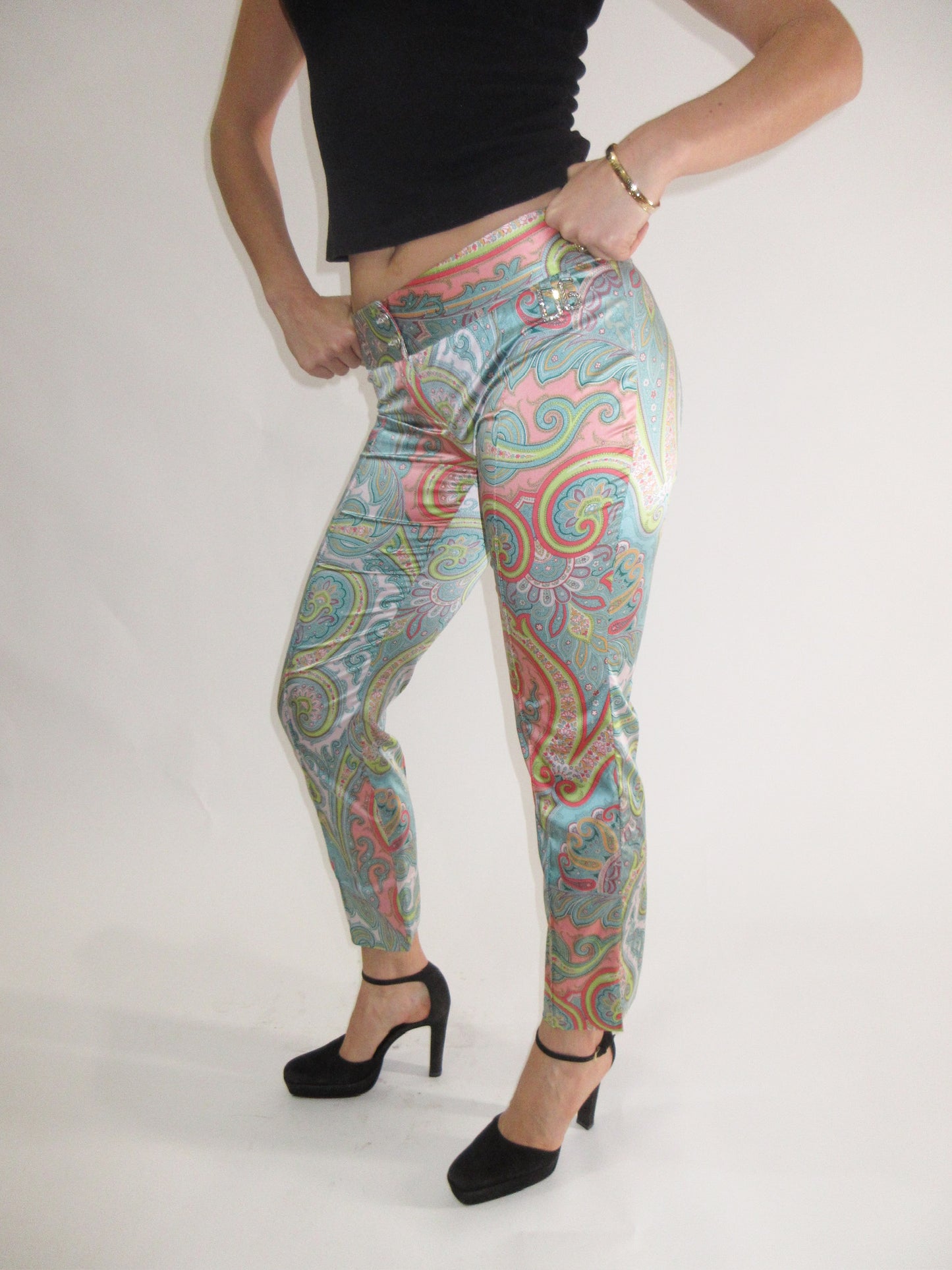 Dolce & Gabbana Paisley Print Silk Capris with D&G rhinestone detail