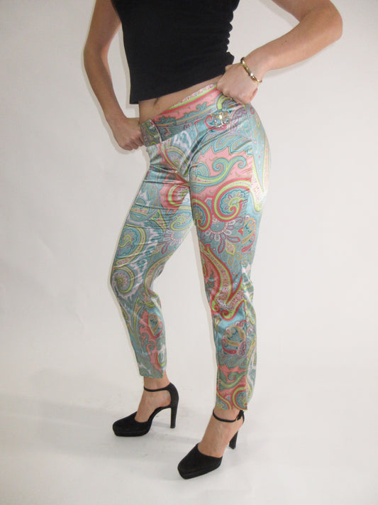Dolce & Gabbana Paisley Print Silk Capris with D&G rhinestone detail