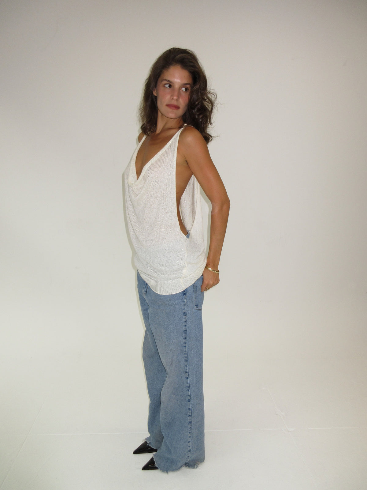 Brunello Cucinelli Knit & Sequin Tank Top with Leather straps