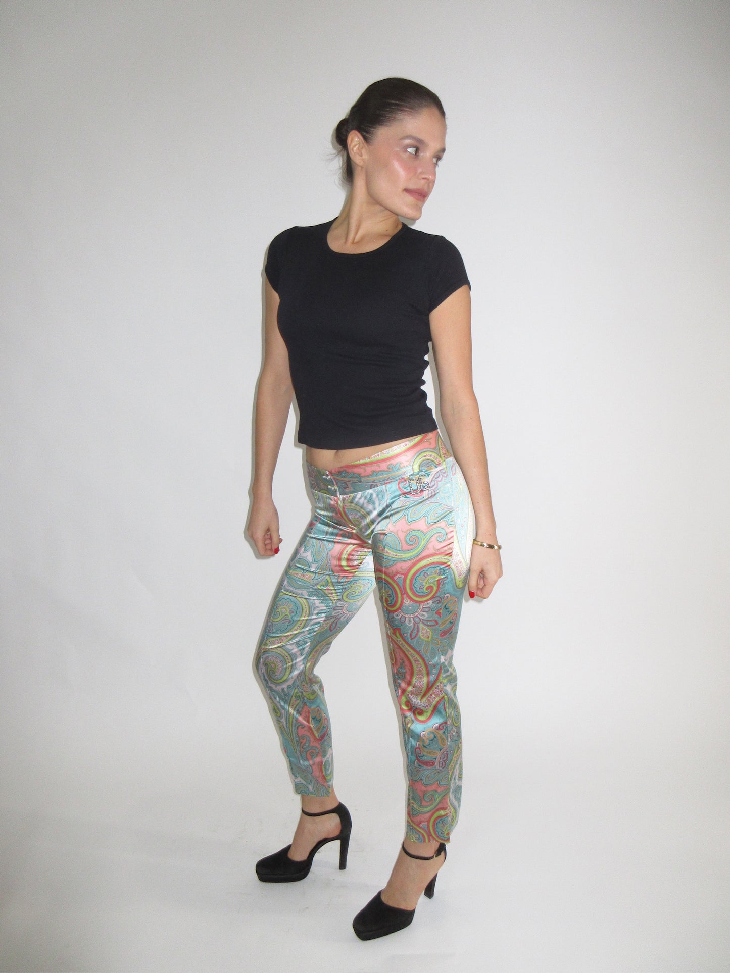 Dolce & Gabbana Paisley Print Silk Capris with D&G rhinestone detail