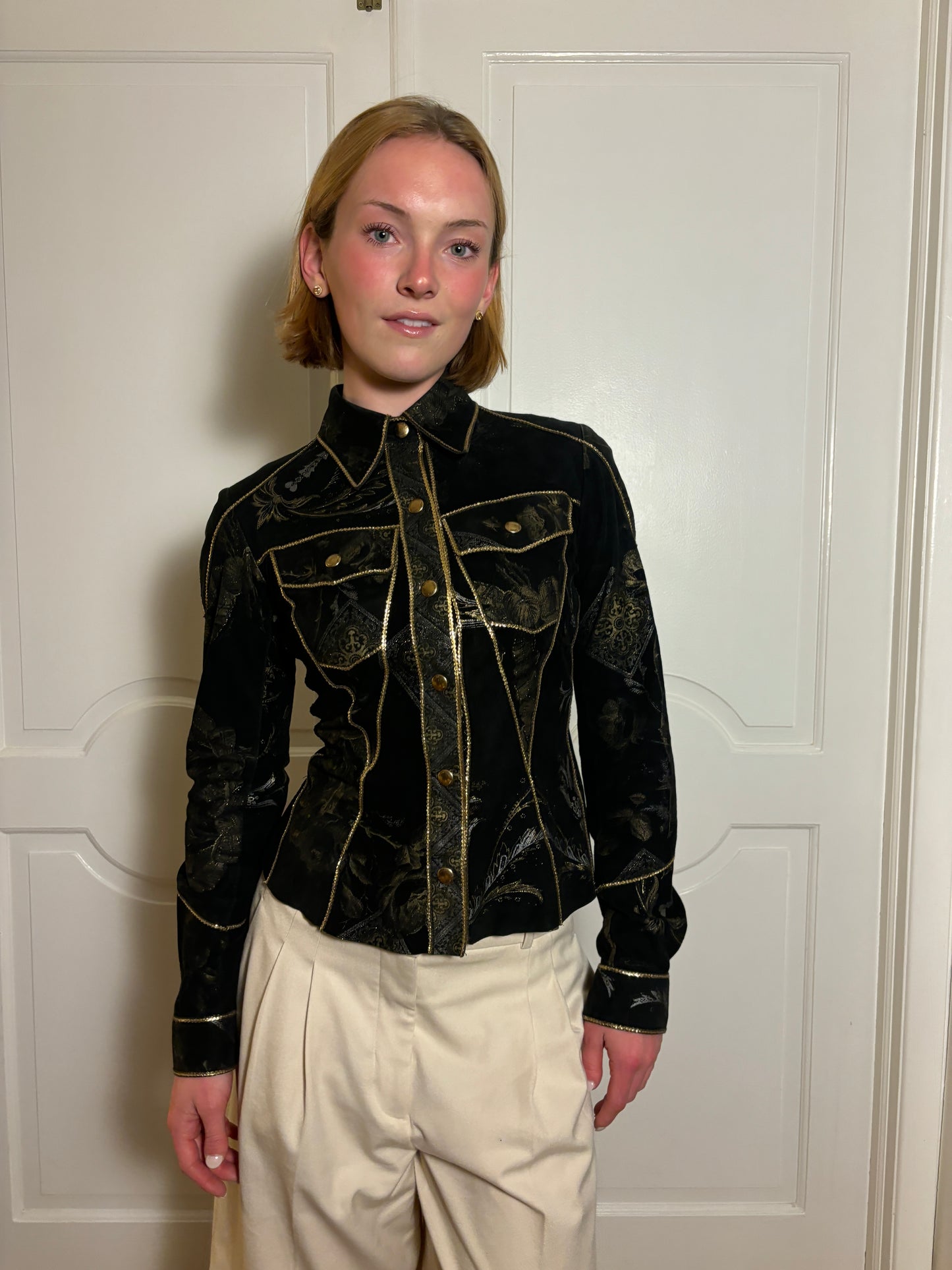 Roberto Cavalli Western Suede Black & Gold Sequin Embroidered Button-Up Shirt