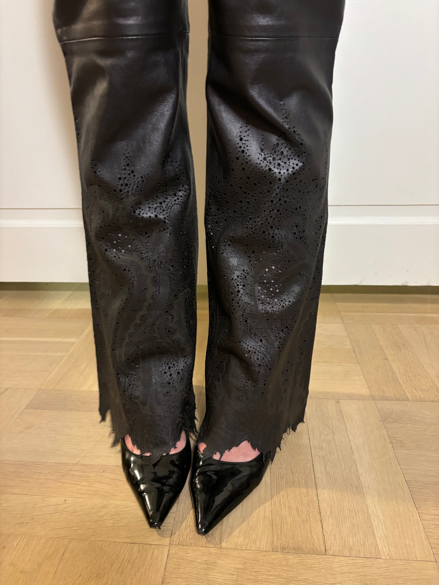 FW 1999 Roberto Cavalli Black Leather Pants with Laser Cut Details