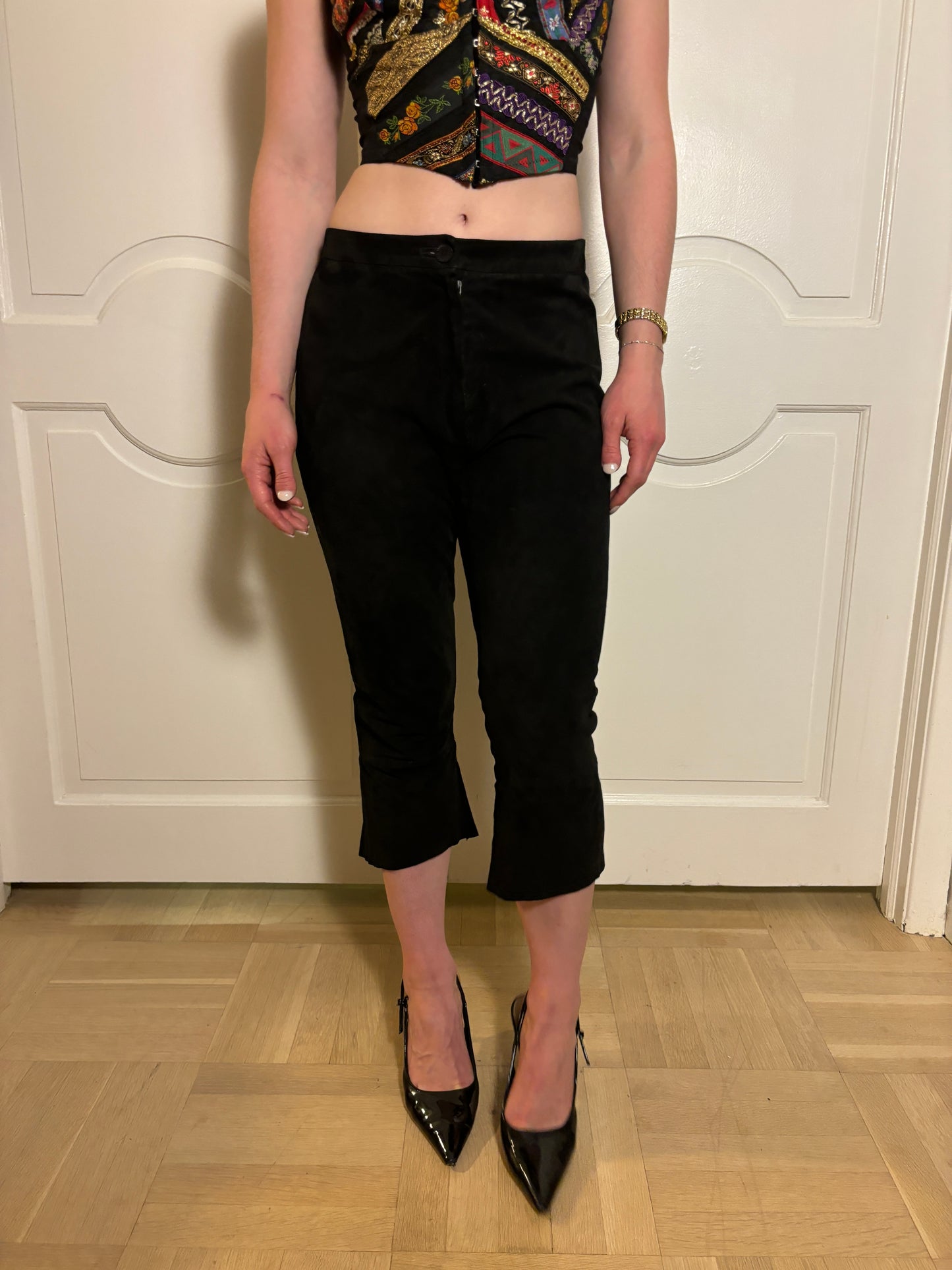 Roberto Cavalli Black Suede Capri pants