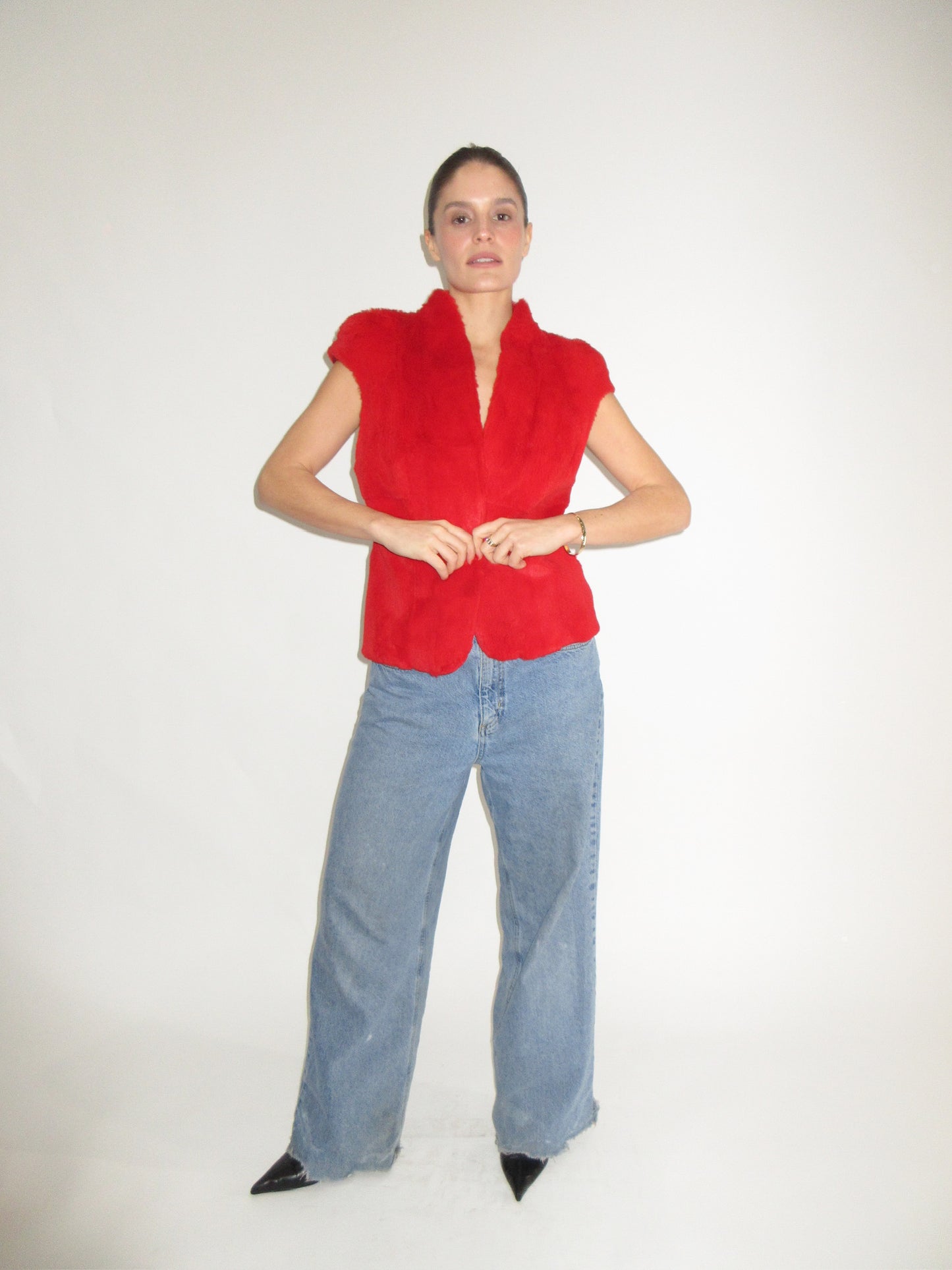 Amaya Arzuaga Red Fur Top with Clasp