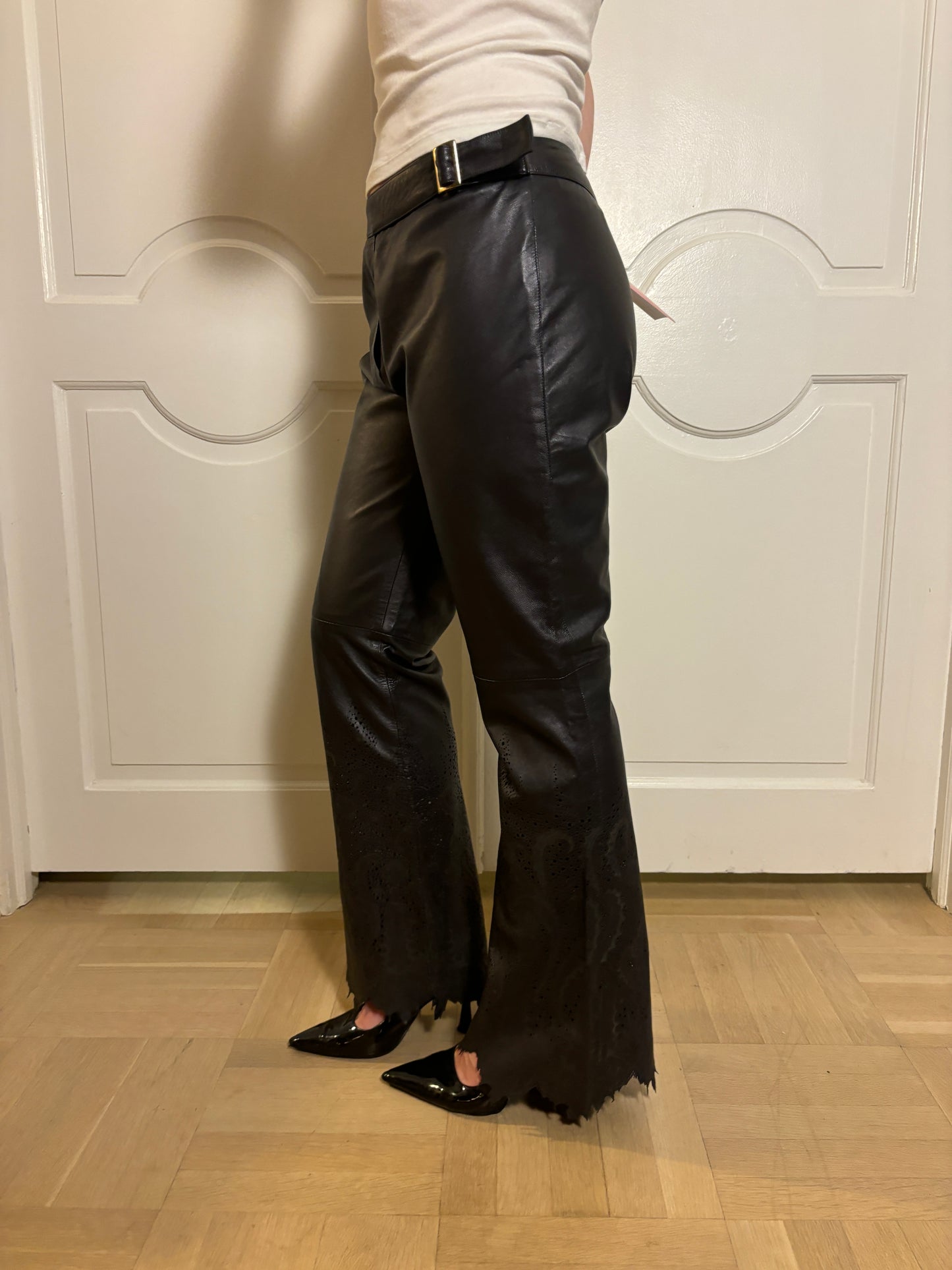 FW 1999 Roberto Cavalli Black Leather Pants with Laser Cut Details