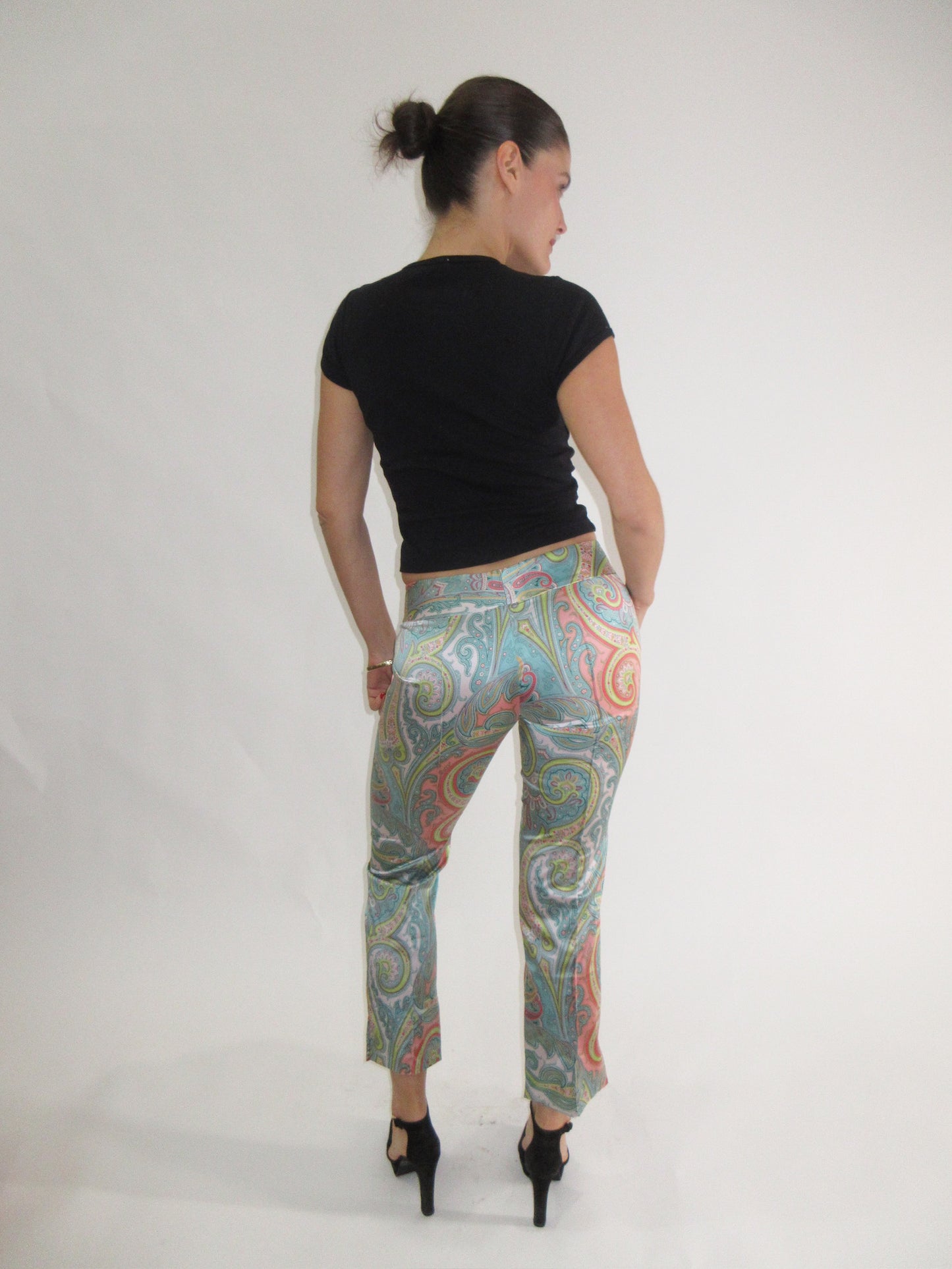 Dolce & Gabbana Paisley Print Silk Capris with D&G rhinestone detail