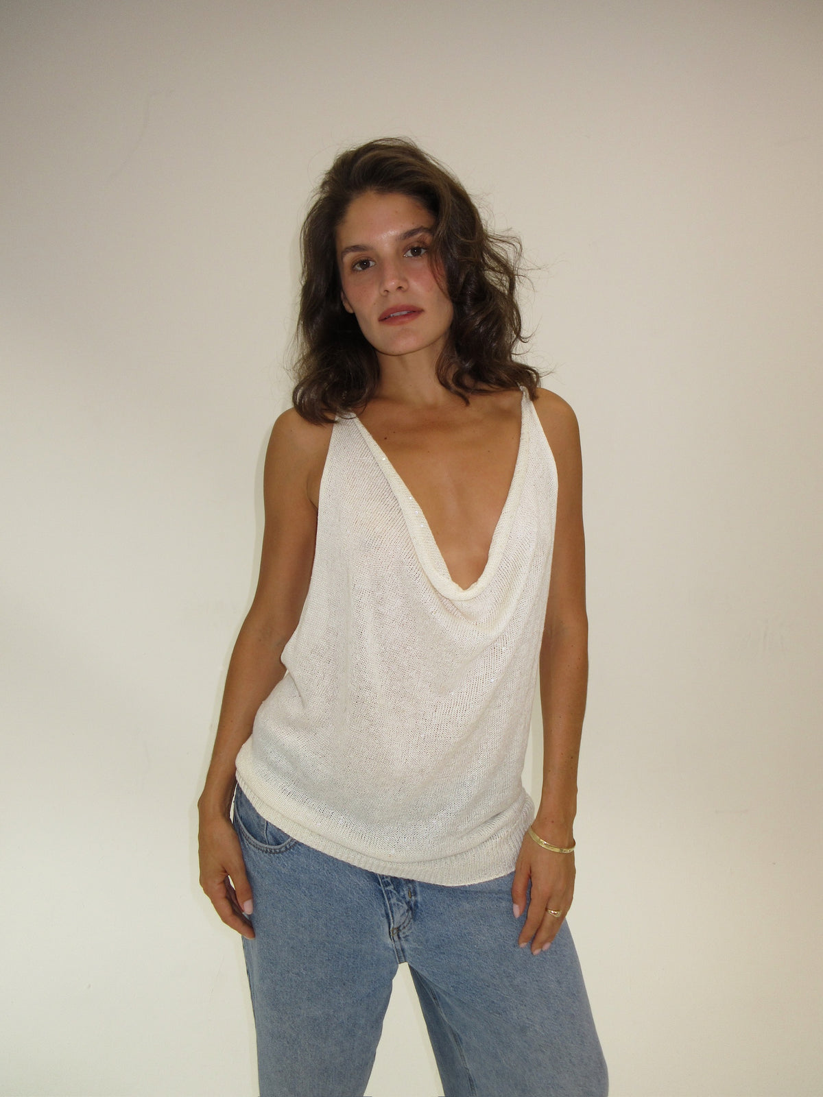 Brunello Cucinelli Knit & Sequin Tank Top with Leather straps