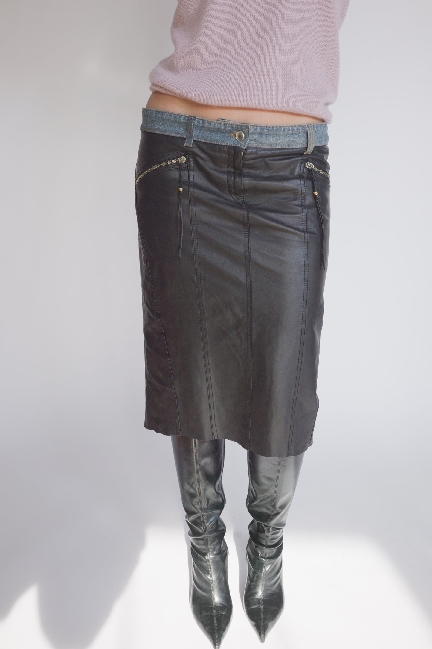 Roberto Cavalli Denim & Leather Skirt