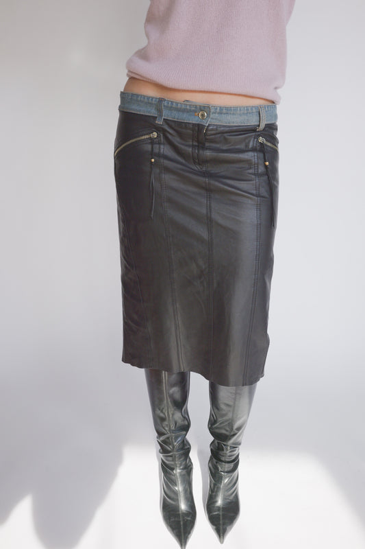 Roberto Cavalli Denim & Leather Skirt