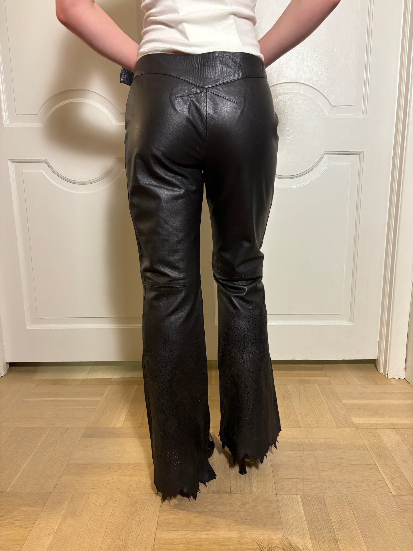 FW 1999 Roberto Cavalli Black Leather Pants with Laser Cut Details