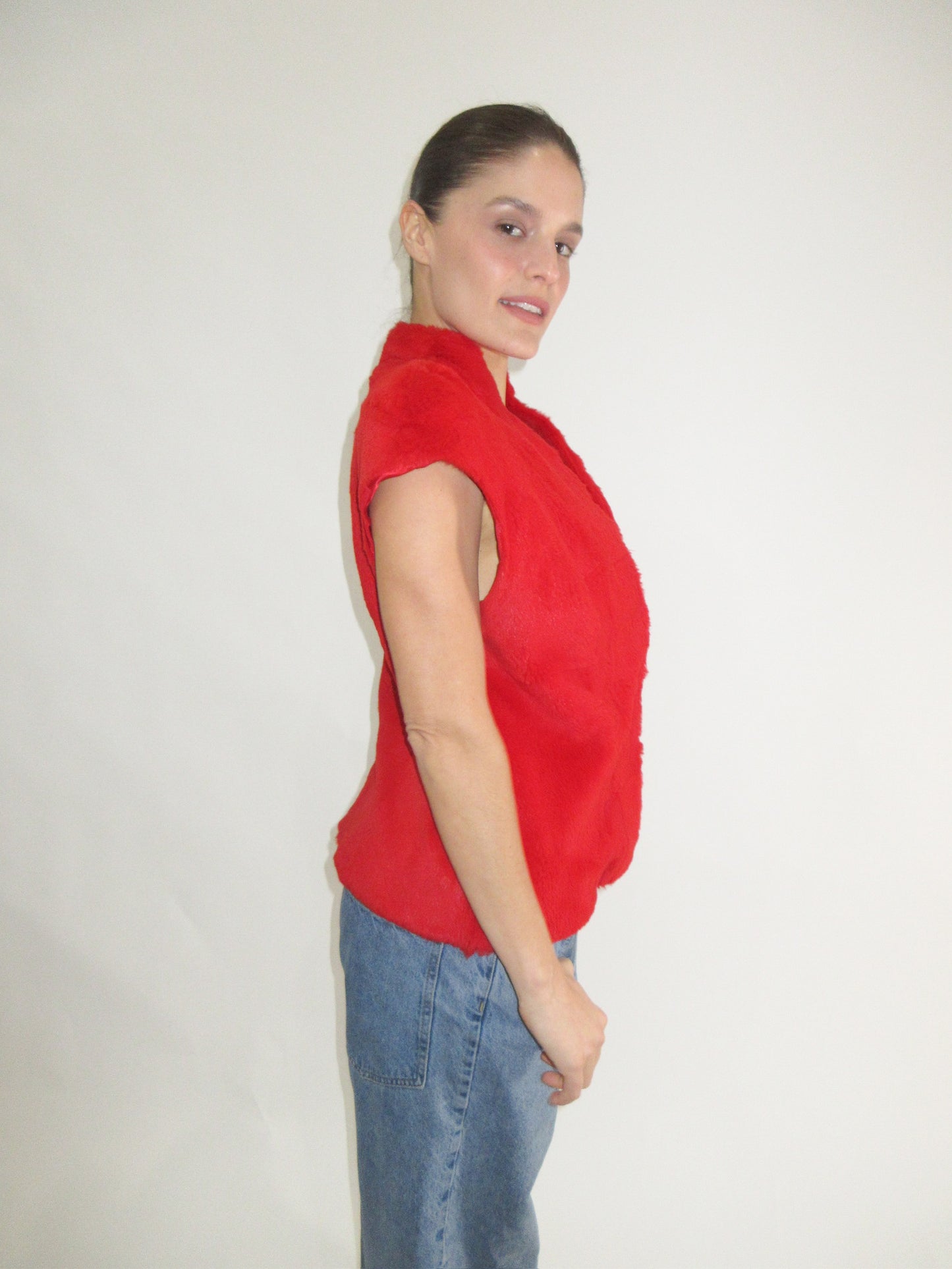 Amaya Arzuaga Red Fur Top with Clasp