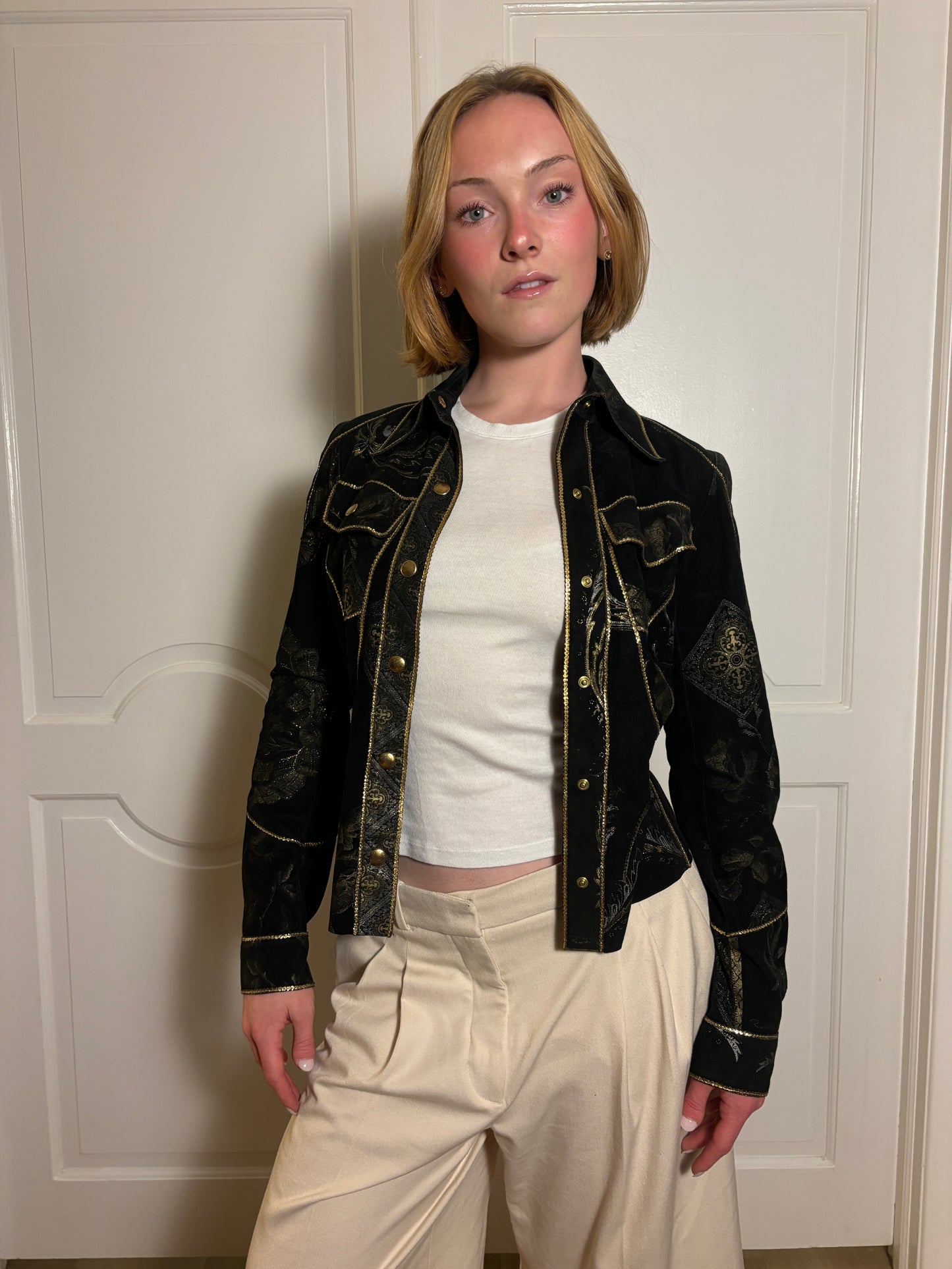 Roberto Cavalli Western Suede Black & Gold Sequin Embroidered Button-Up Shirt