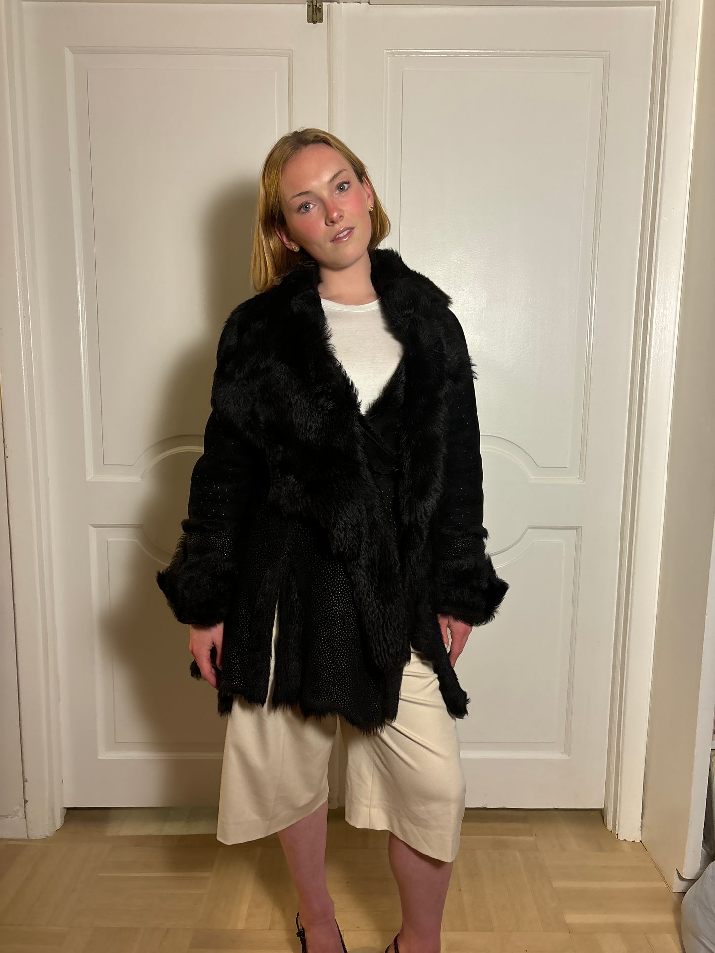 FW 1997 Roberto Cavalli Suede & Fur Coat with Gold Polka Dots