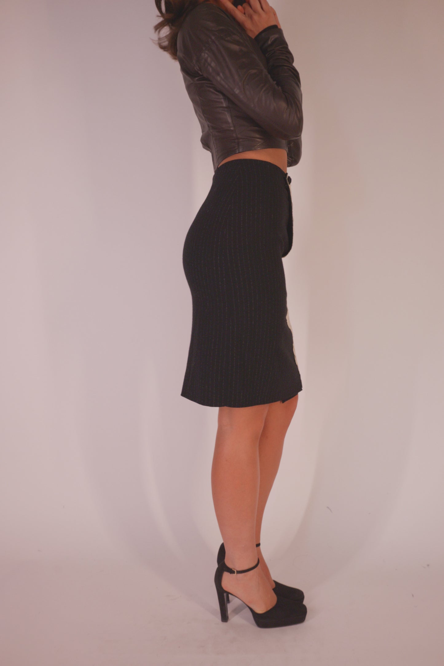 FW1998 Dior by Galliano pinstripe wool skirt edged in Calais lace