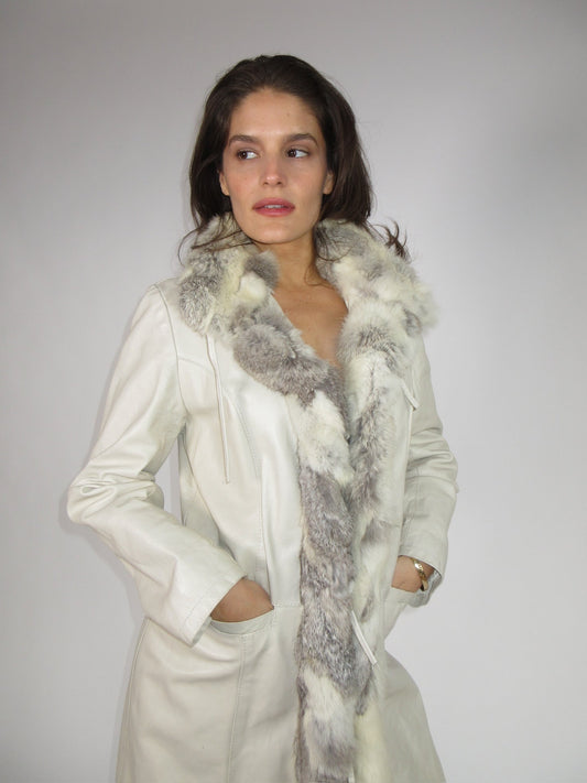 Vintage Cream & Grey Leather and Fur coat with Ties