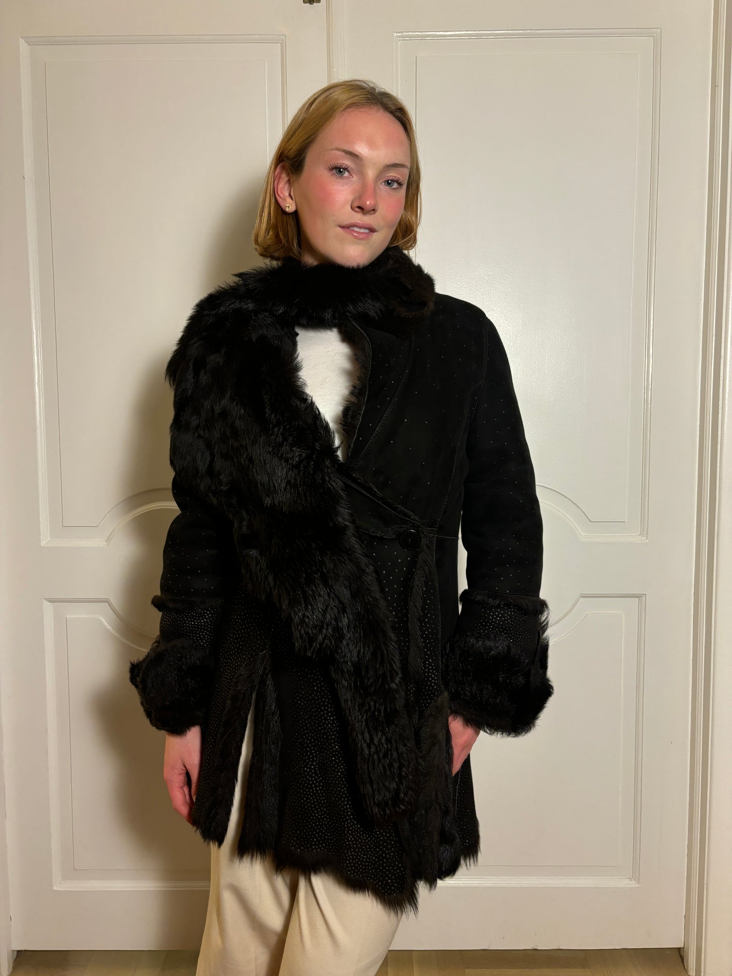 FW 1997 Roberto Cavalli Suede & Fur Coat with Gold Polka Dots