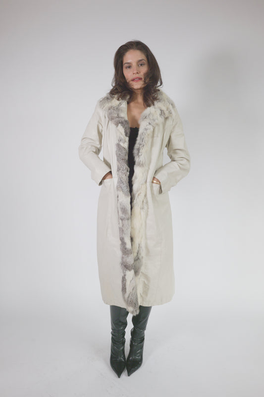 Vintage Cream & Grey Leather and Fur coat with Ties