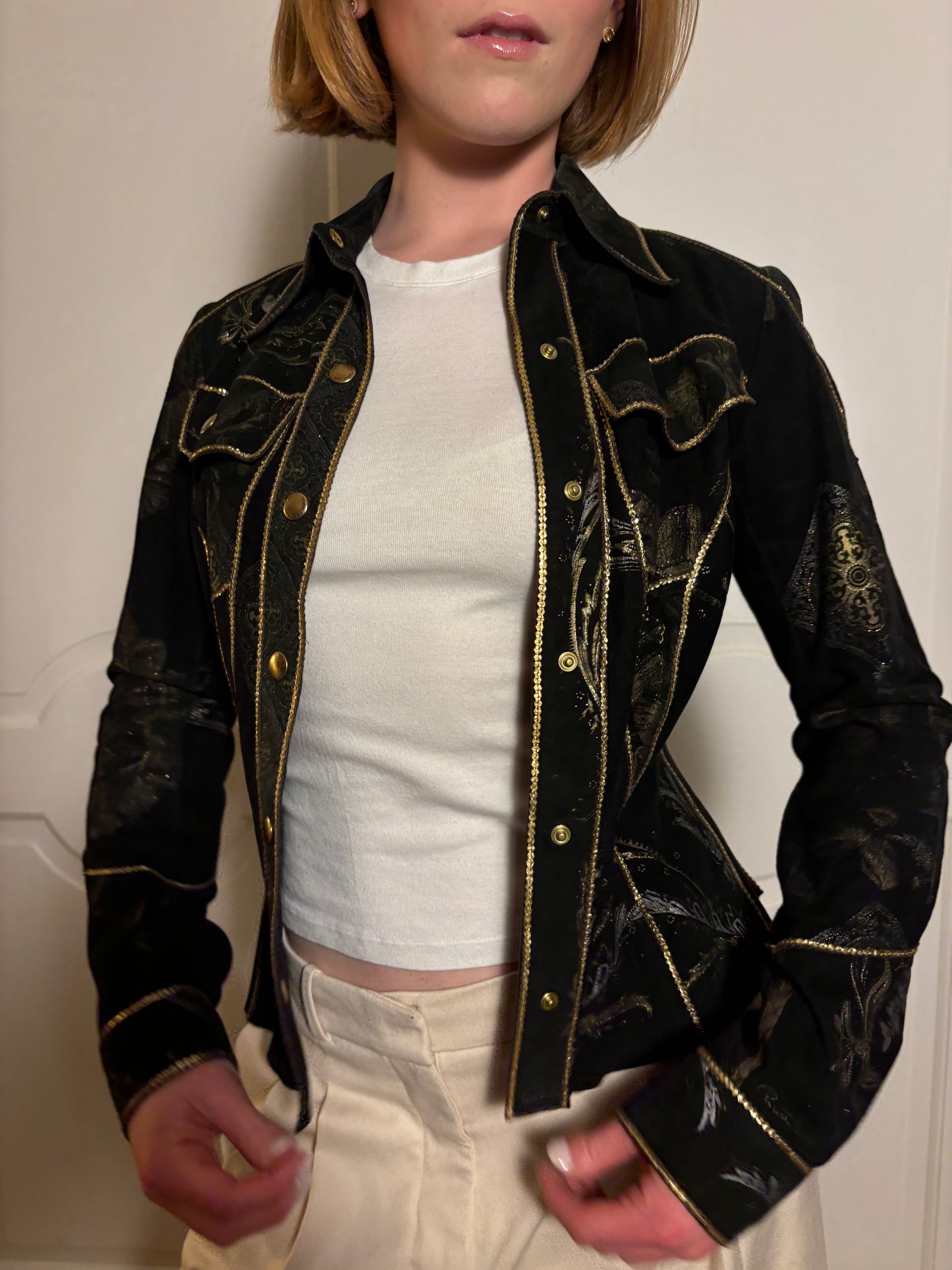 Roberto Cavalli Western Suede Black & Gold Sequin Embroidered Button-Up Shirt