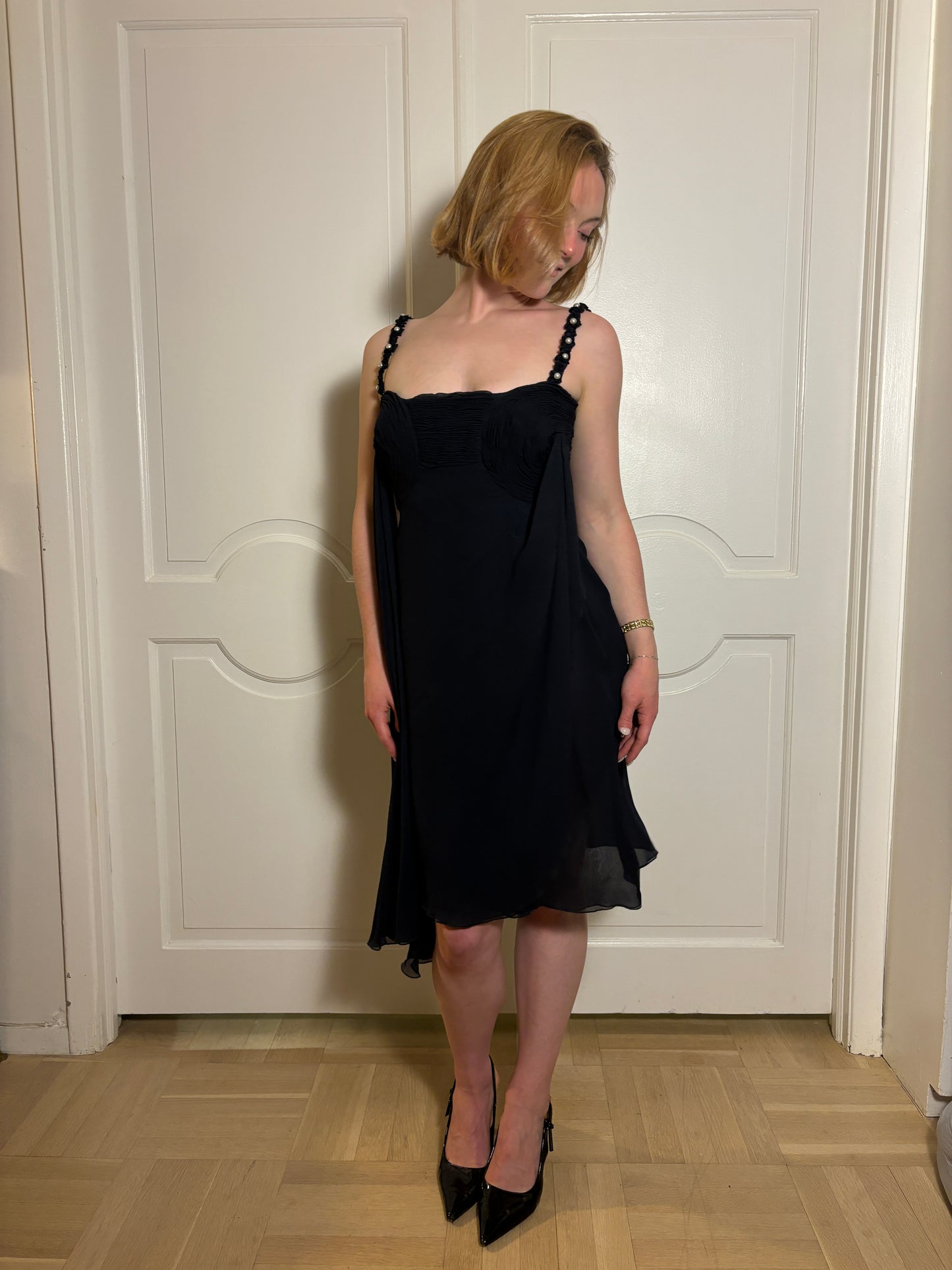 SS1995 Valentino dress with pearl detailing on the shoulders