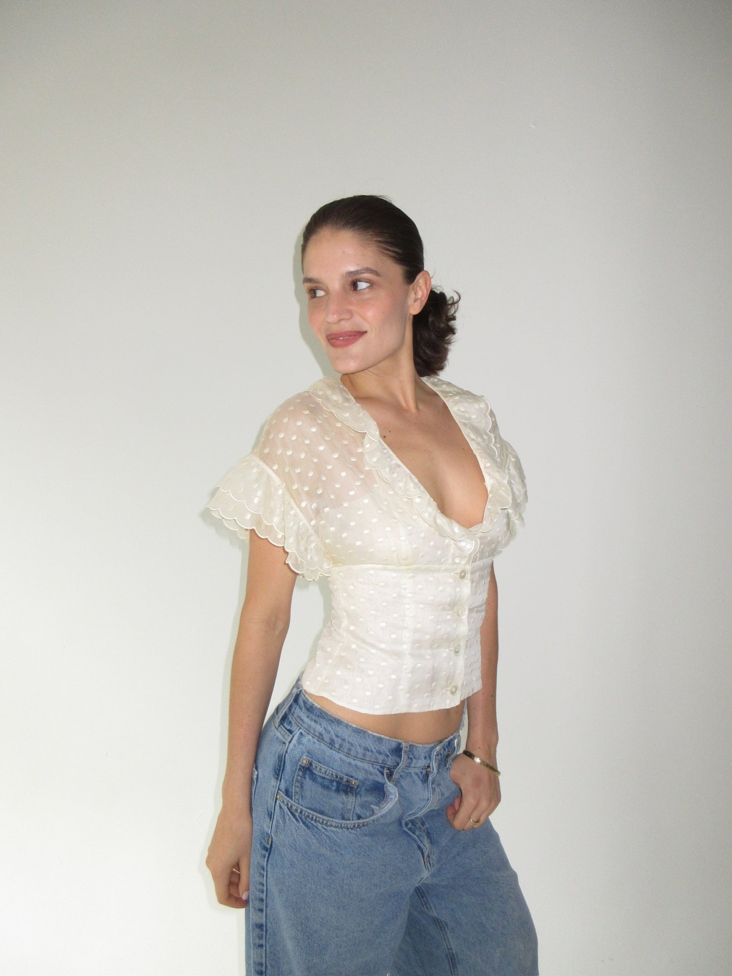 Chanel Silk Polka Dot Ruffle Top