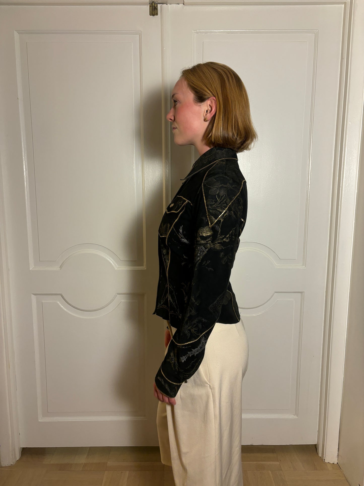 Roberto Cavalli Western Suede Black & Gold Sequin Embroidered Button-Up Shirt