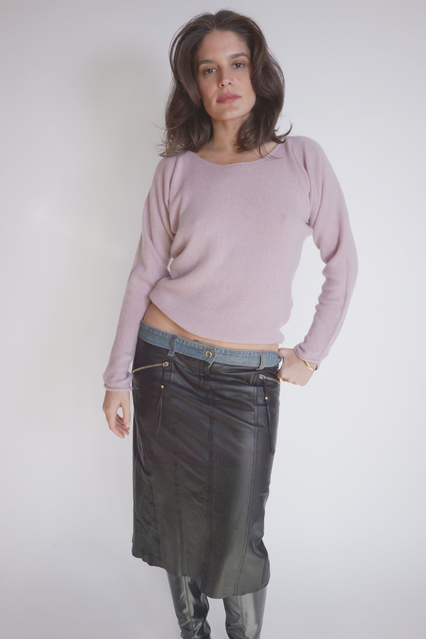 Roberto Cavalli Denim & Leather Skirt