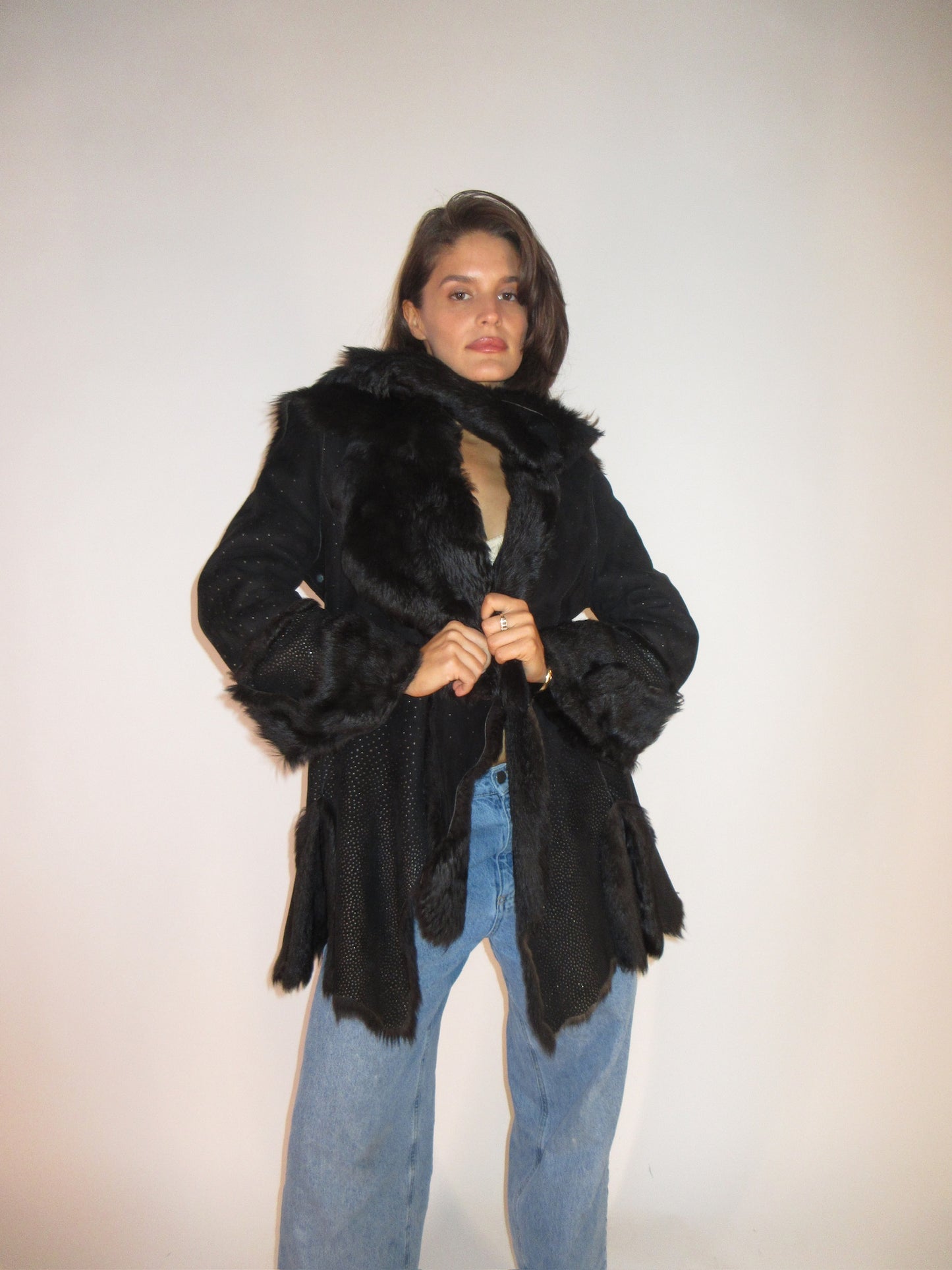 FW 1997 Roberto Cavalli Suede & Fur Coat with Gold Polka Dots