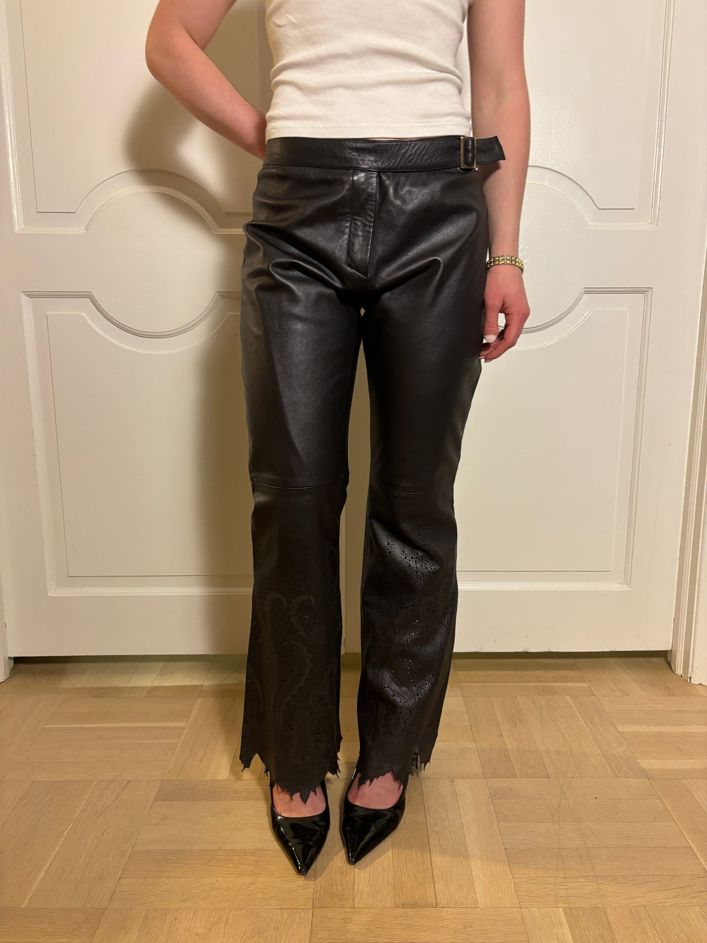 FW 1999 Roberto Cavalli Black Leather Pants with Laser Cut Details