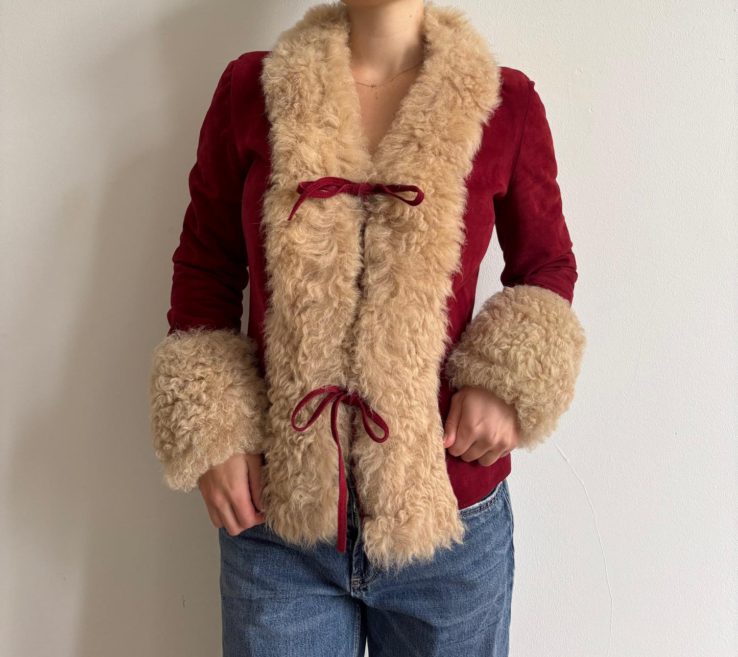 FW2001 Dolce & Gabbana red Shearling coat with tie closures