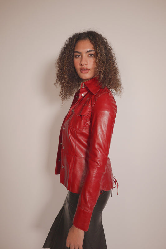 Burgundy Dolce & Gabbana Leather Jacket With Lace Up details