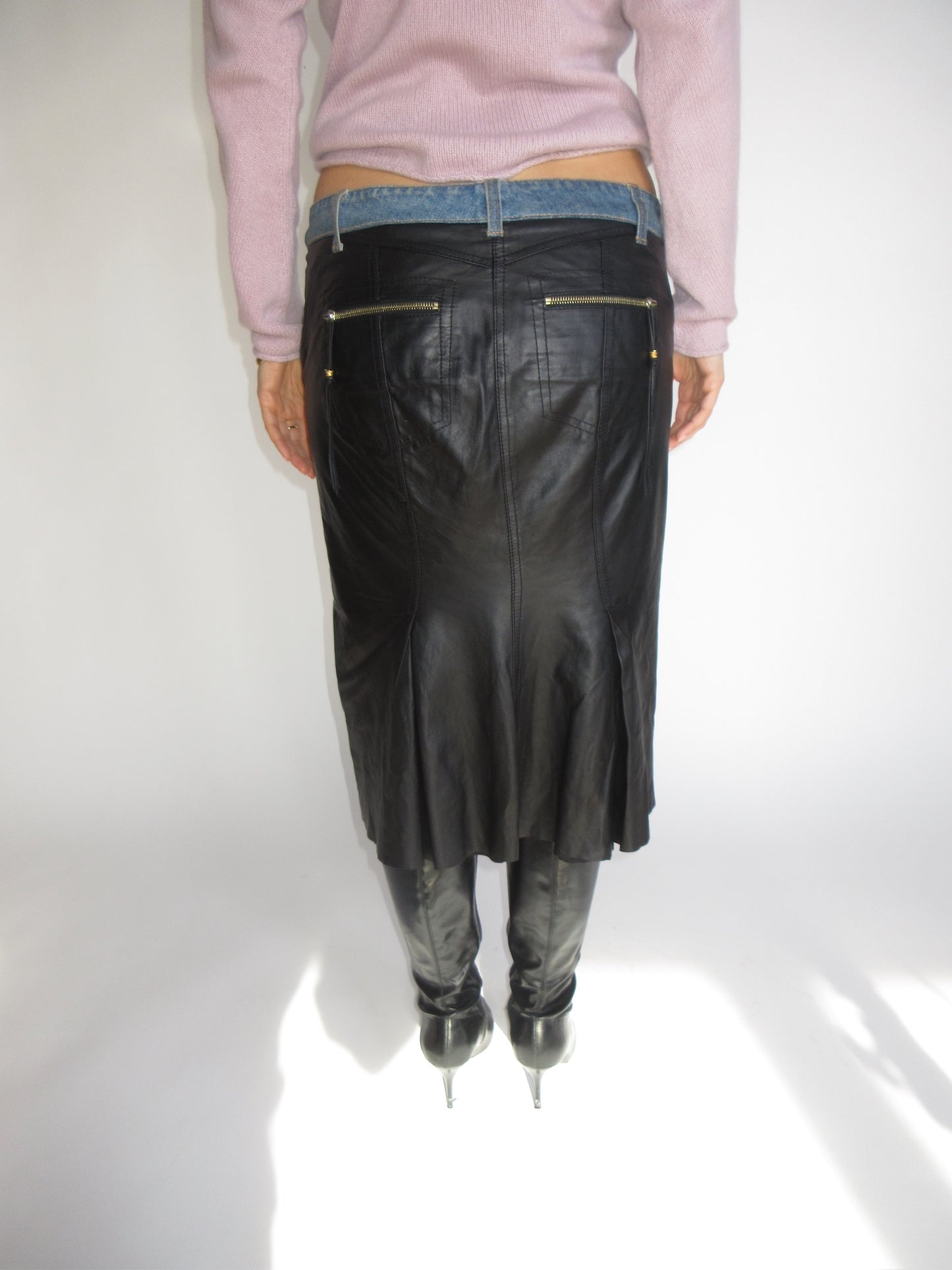 Roberto Cavalli Denim & Leather Skirt