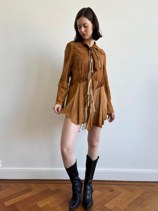 SS 2001 Dolce & Gabbana Patchwork Mini Tan Suede Patchwork Dress