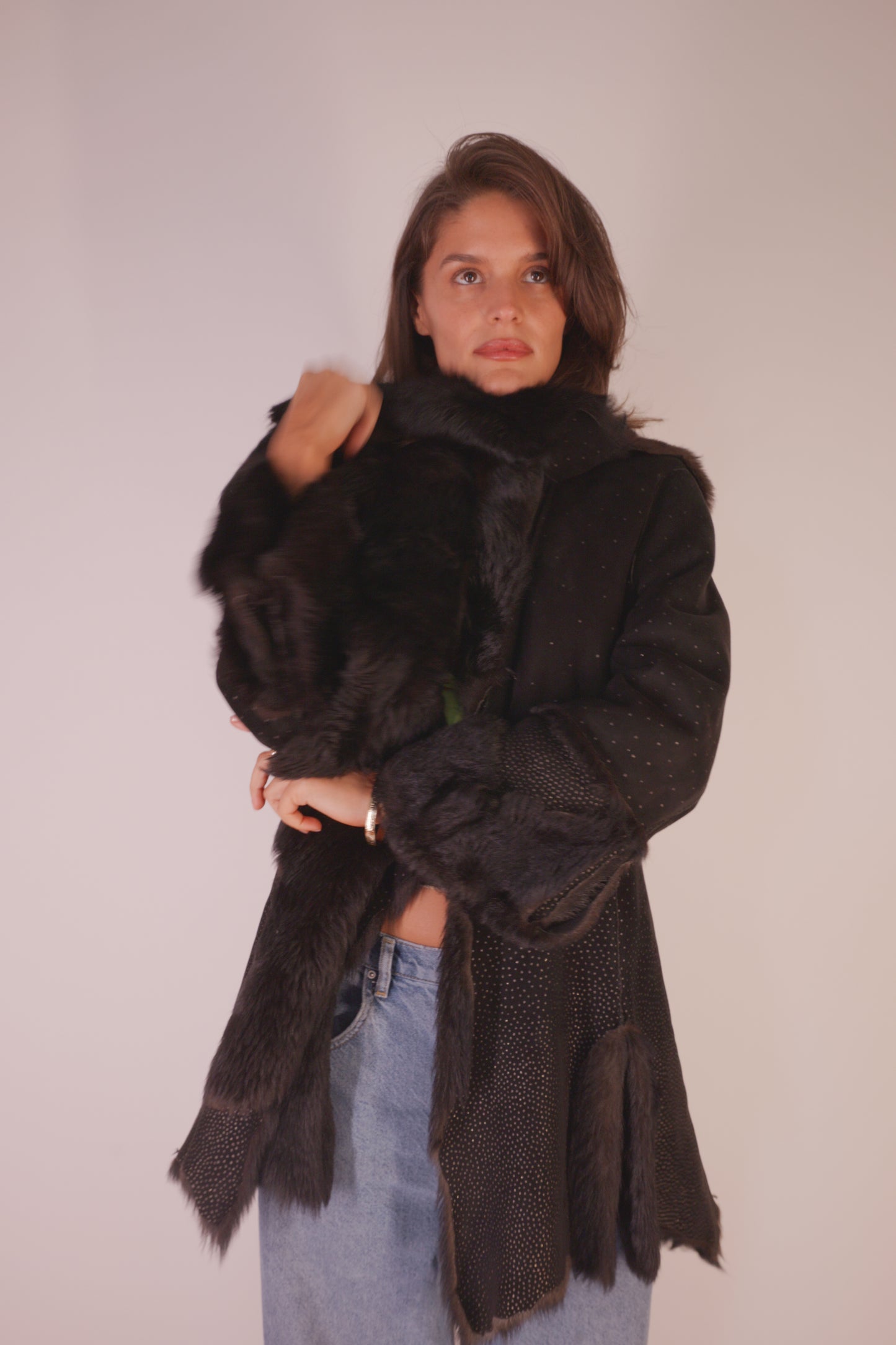 FW 1997 Roberto Cavalli Suede & Fur Coat with Gold Polka Dots