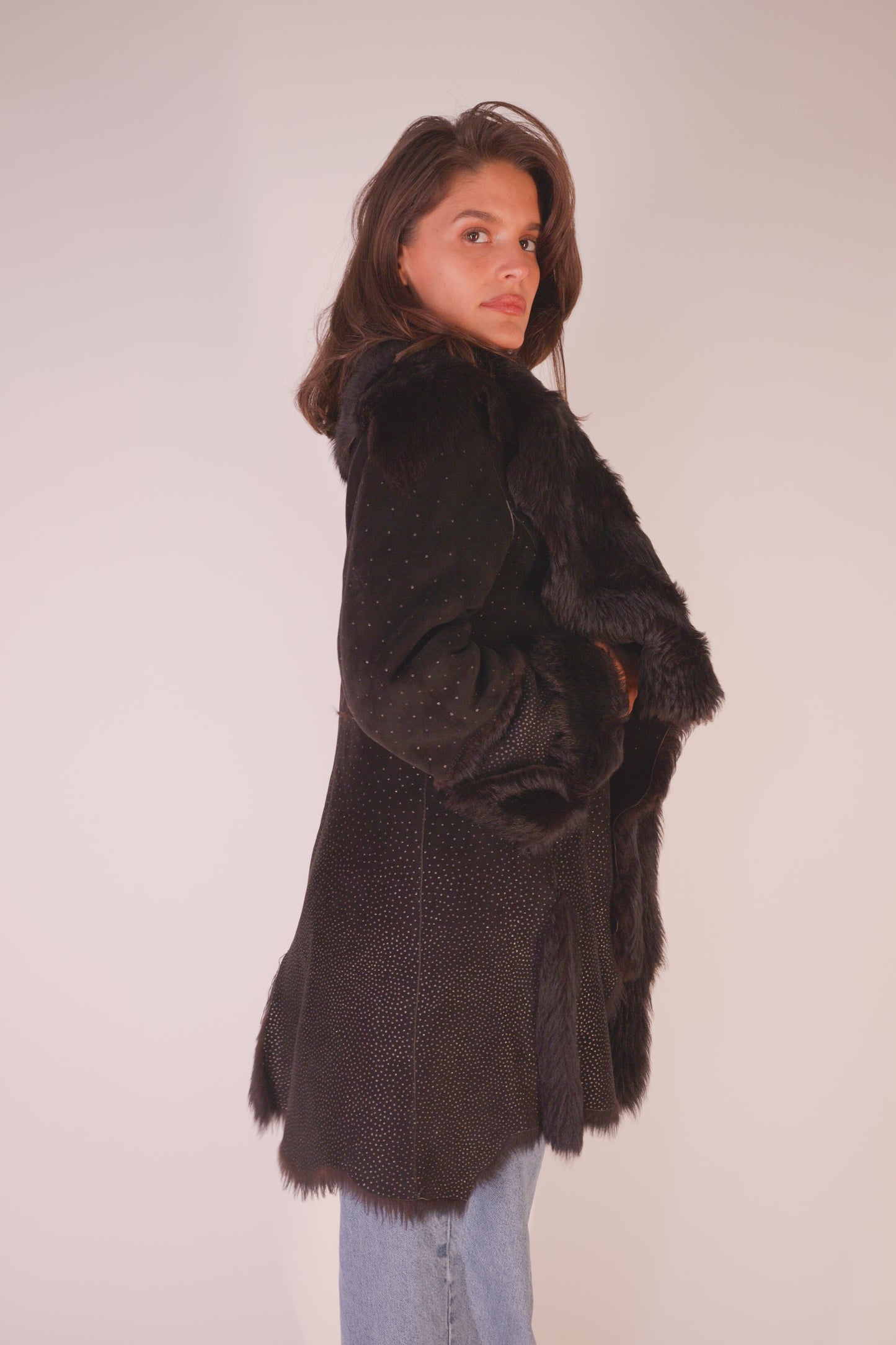 FW 1997 Roberto Cavalli Suede & Fur Coat with Gold Polka Dots