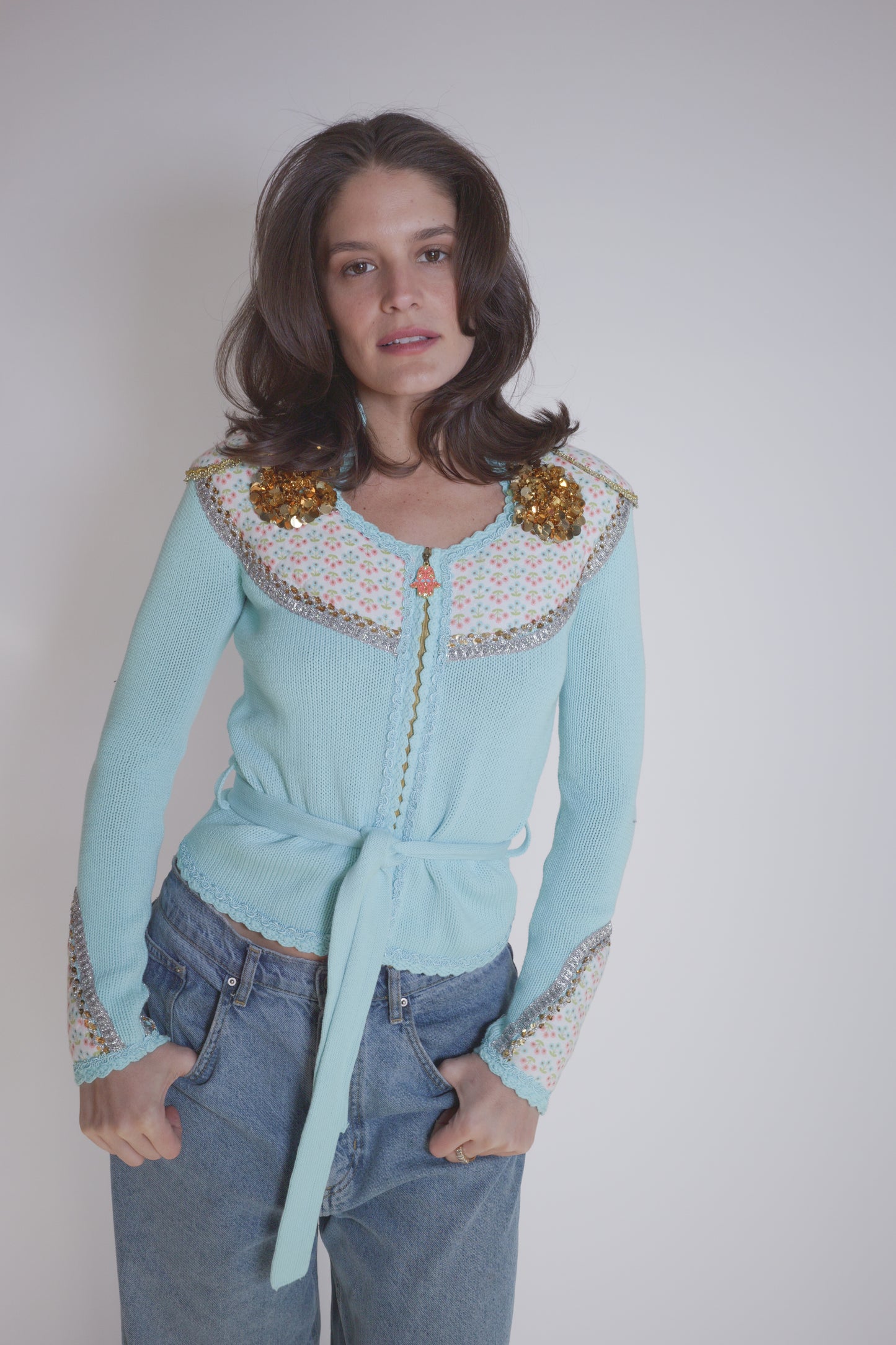 Vintage Manoush Cotton Blue Belted top with Embellishments