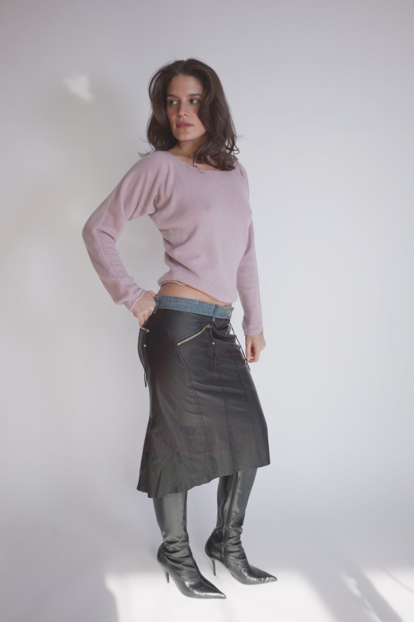 Roberto Cavalli Denim & Leather Skirt
